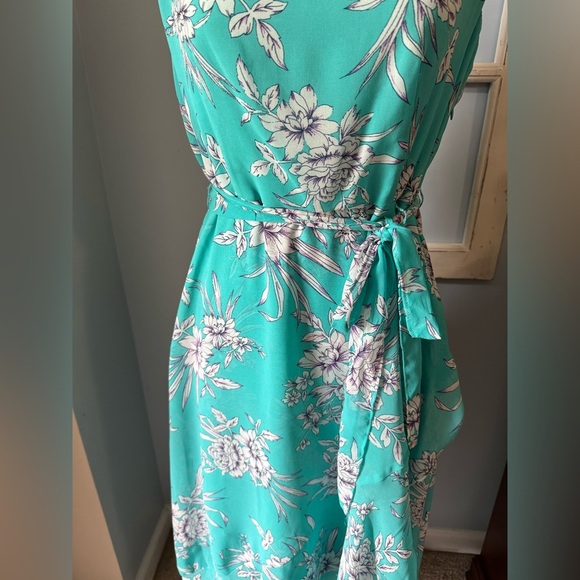 Women’s Studio One Petite Turquoise Floral Wrap Sleeveless Dress Sz 6P - Picture 2 of 9